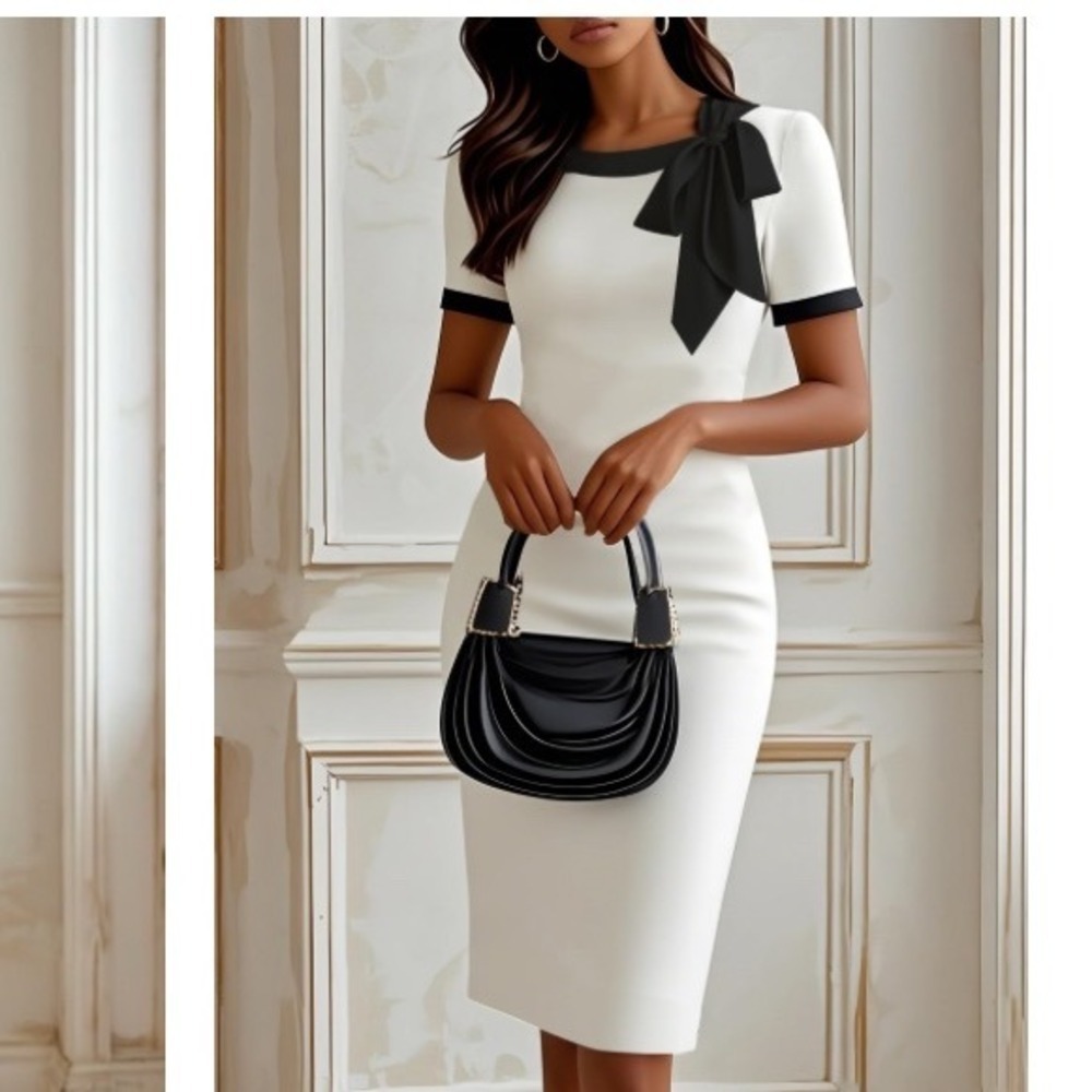 Fehaute Elegant White Sheath Midi Dress with Black Bow and Trim 14 NWT